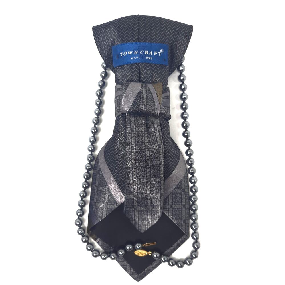 Vintage Black Bronze Tie Pendant Towncraft Gray Hematite Beaded Necklace NEW - Picture 6 of 11